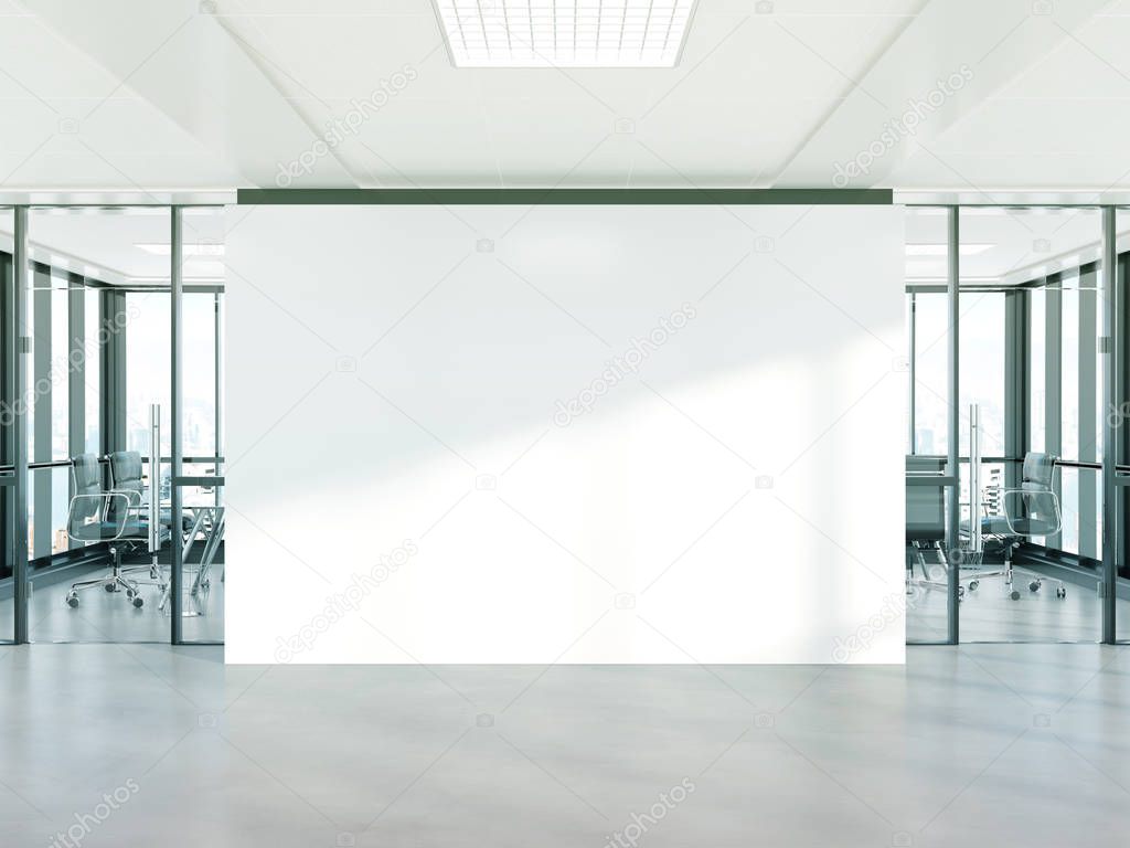 Blank white wall in bright concrete office with large windows Mockup 3D rendering