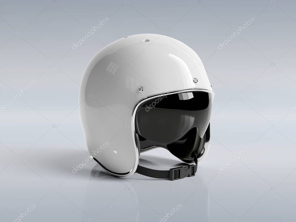 White retro vintage motorbike helmet isolated on grey background Mockup 3D rendering