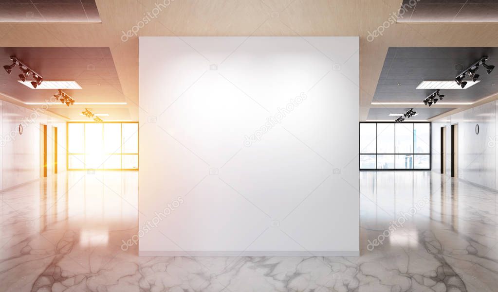 Blank wall in bright marble and wooden office mockup with large windows and sun passing through 3D rendering