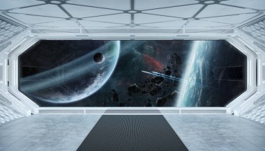 Beyaz mavi uzay gemisi fütüristik iç pencere manzaralı spa