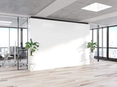 Büyük pencereler Mockup 3 ile parlak beton ofiste Boş duvar