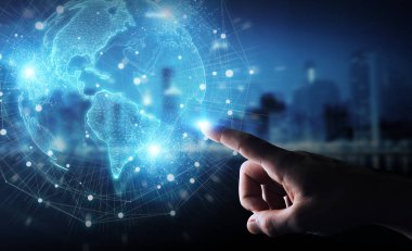 Amerika ABD harita dünya ağ hologram 3D kullanarak işadamı el