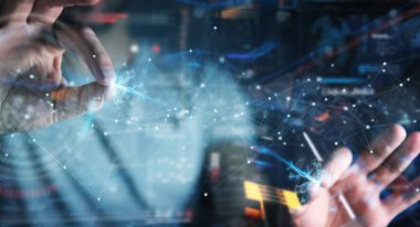 Nokta ile yüzen dijital ağ bağlantılarını kullanan işadamı