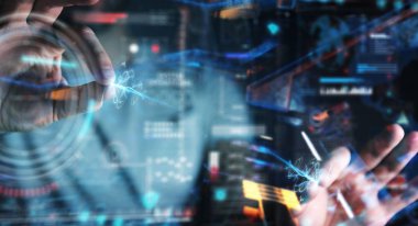 Verileri 3D ile dijital teknolojik arayüz kullanan işadamı 