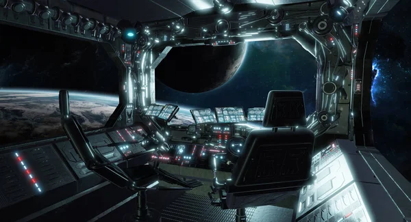 Spaceship grunge interior control room with view on space 3D ren — Stock Photo, Image