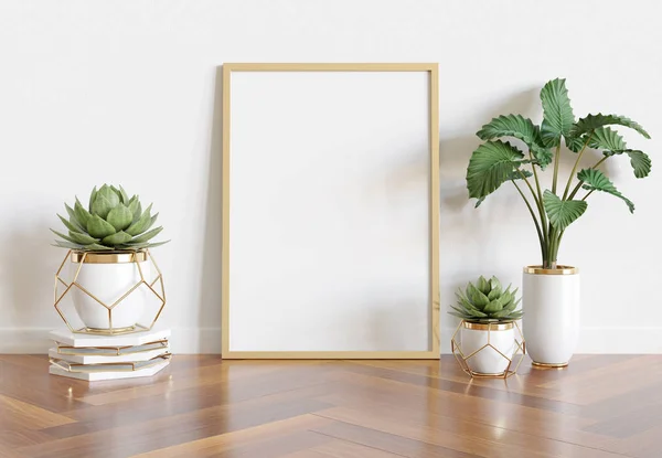 Houten frame leunend in helder wit interieur met planten en de — Stockfoto