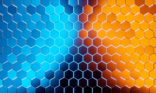 Λαμπερό μαύρο μπλε και πορτοκαλί εξάγωνα φόντο μοτίβο στο sil — Φωτογραφία Αρχείου