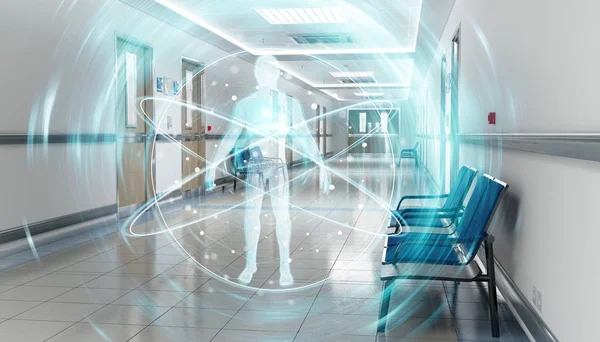 Rumah sakit koridor biru dengan xray tubuh digital mengambang dalam titik c — Stok Foto