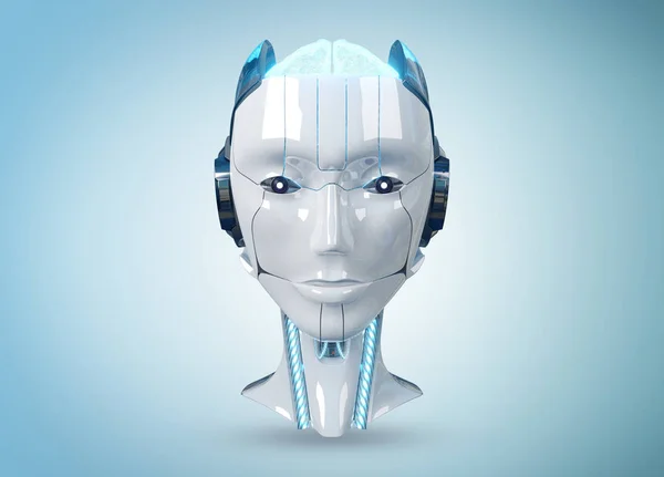 Tête de robot cyborg femelle blanche et bleue isolée sur fond bleu — Photo
