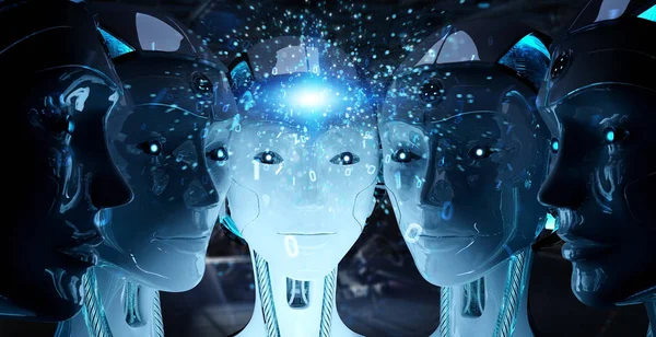 Grupp av kvinnliga robotar huvuden att skapa digital anslutning 3d rämna — Stockfoto