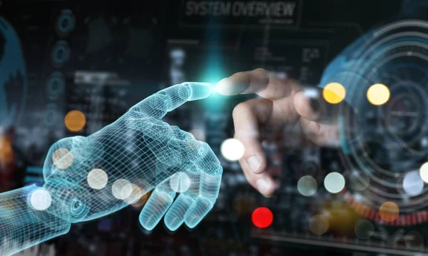 Wireframed robot en menselijke hand aanraken van digitale grafiek inte — Stockfoto