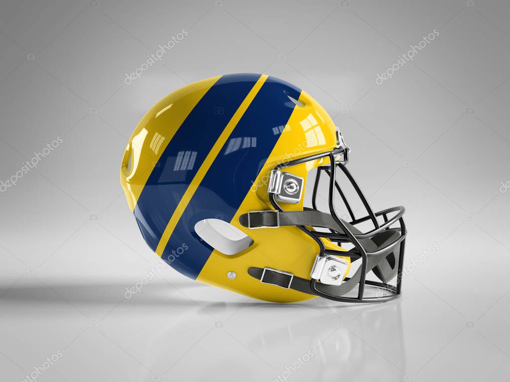 Blue and yellow American football helmet isolated on white background mockup 3D rendering