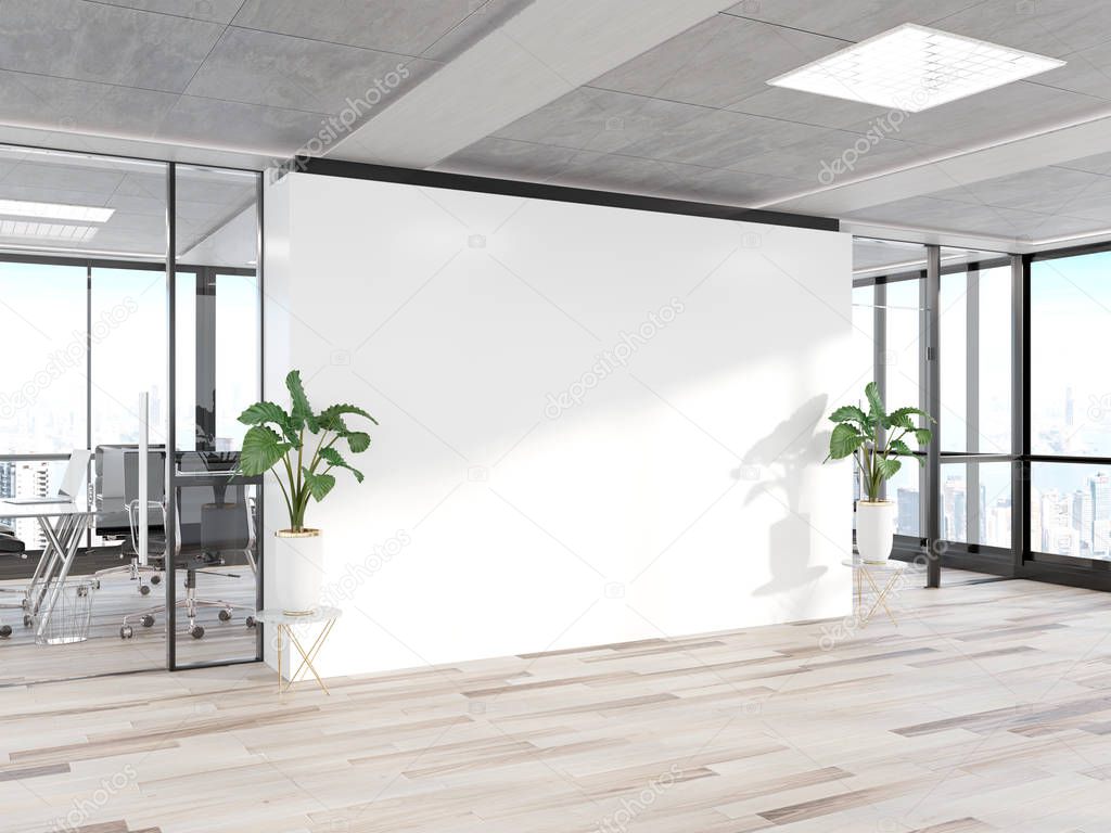 Blank wall in bright concrete office with large windows Mockup 3