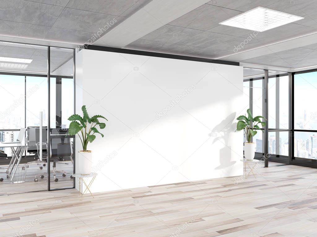 Blank white wall in bright concrete office with large windows Mockup 3D rendering