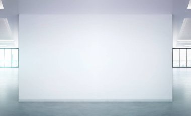 Büyük pencereler ve güneş pa ile parlak ofis mockup boş duvar
