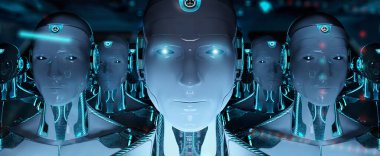 Grup lideri cyborg ordu 3d render takip erkek robotlar
