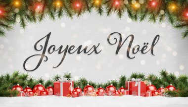 Noel kartı, kırmızı noel hediyeleri ve pi