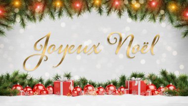 Noel kartı, kırmızı noel hediyeleri ve pi