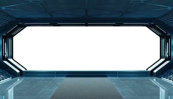Donker blauwe ruimteschip futuristische interieur mockup met venster 3D-re — Stockfoto