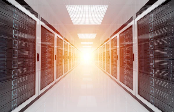 White servers data center room with bright halo light through th
