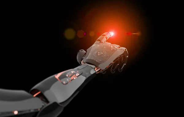 Robot intelligent noir et rouge cyborg bras pointant du doigt sur da — Photo