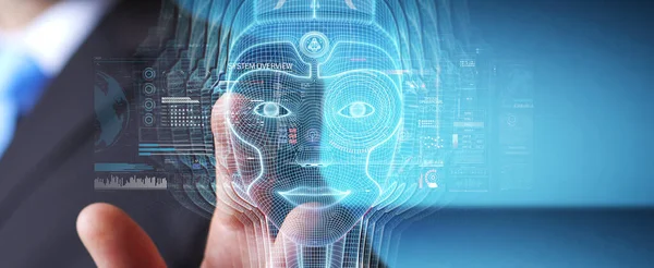 Dijital yapay zeka kafa arayüzünü kullanan işadamı