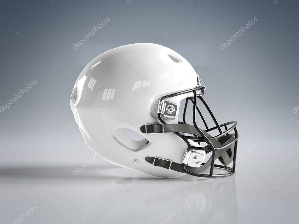 White American football helmet isolated on grey background mockup 3D rendering