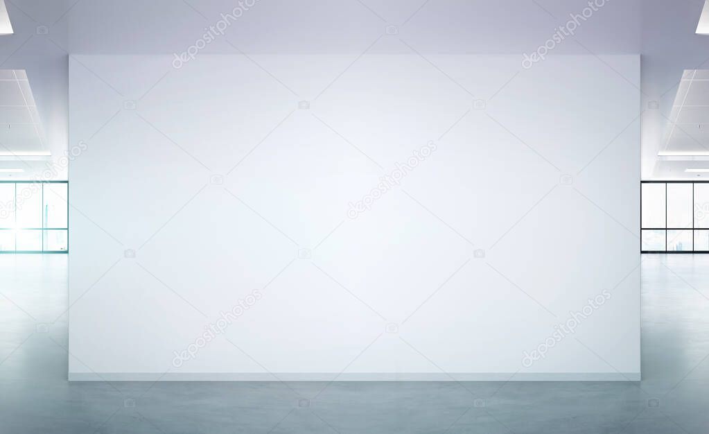 Blank wall in bright office mockup with large windows and sun passing through 3D rendering