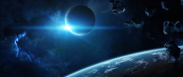 Distant planet system in space with exoplanets during sunrise 3D rendering elements of this image furnished by NASA