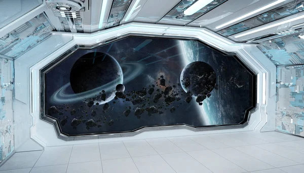 Fehér kék űrhajó futurisztikus belső ablak kilátás, a spa — Stock Fotó