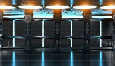 Koyu mavi uzay gemisi fütüristik iç ile teknik duvar paneli 3d 