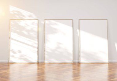 Üç ahşap çerçeve ahşap iç mockup 3D Renderin eğiliyor