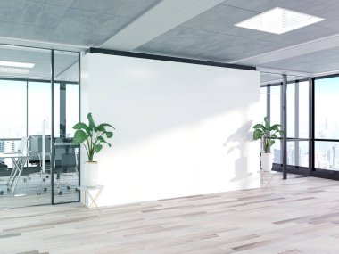 Büyük pencereler Mockup 3 ile parlak beton ofiste Boş duvar