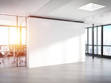 Büyük pencereler Mockup 3d ile beton ofiste Boş beyaz duvar