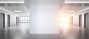 Büyük pencereler ve güneş p ile ofis mockup boş kare duvar