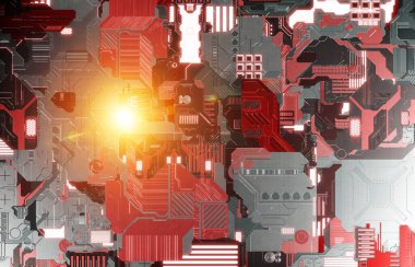 Fütüristik kırmızı ve turuncu teknoloji paneli arka plan det dolu