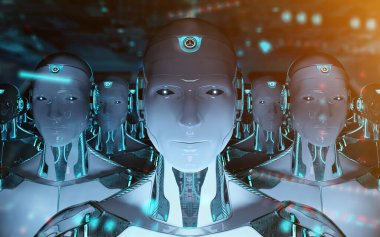 Grup lideri cyborg ordu 3d render takip erkek robotlar