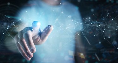 Nokta ile yüzen dijital ağ bağlantılarını kullanan işadamı