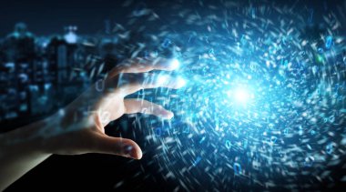 Yeni futuristik enerji güç kaynağı 3D rende oluşturma işadamı
