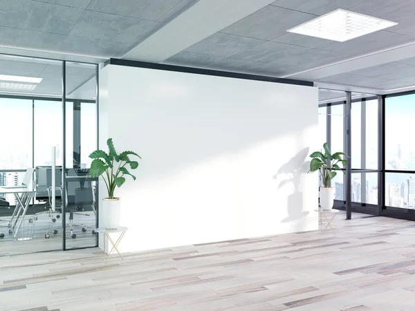 Pared en blanco en oficina de hormigón brillante con grandes ventanas Mockup 3 — Foto de Stock