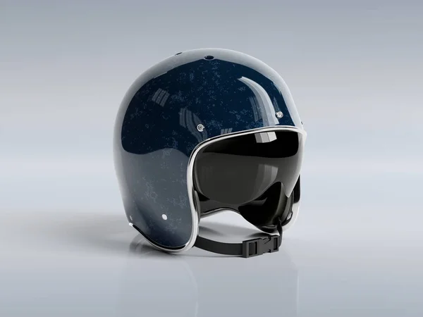 蓝色复古摩托车头盔隔离在灰色背景模型 — 图库照片