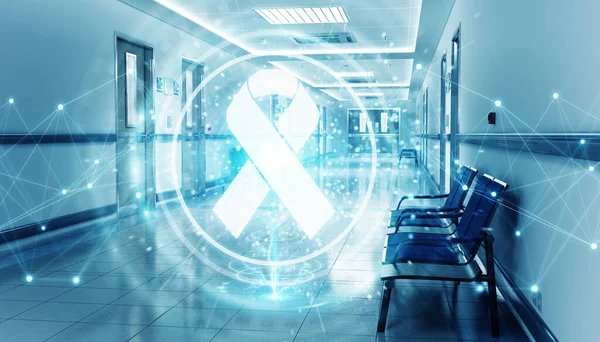 점에 떠있는 디지털 보조 리본이있는 병원 파란색 복도 — 스톡 사진