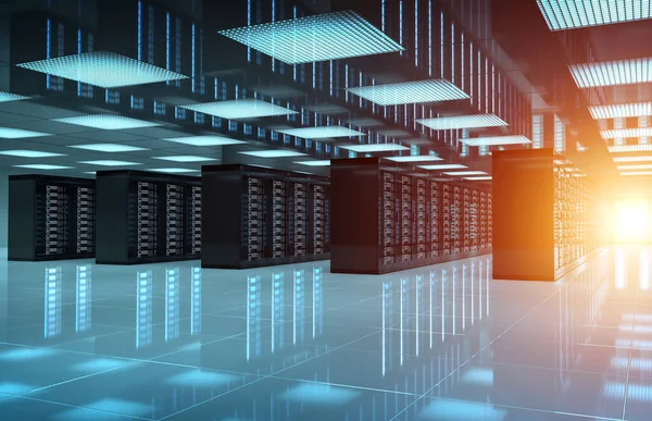 Dark servers datacenter rum med ljust Halo-ljus genom — Stockfoto