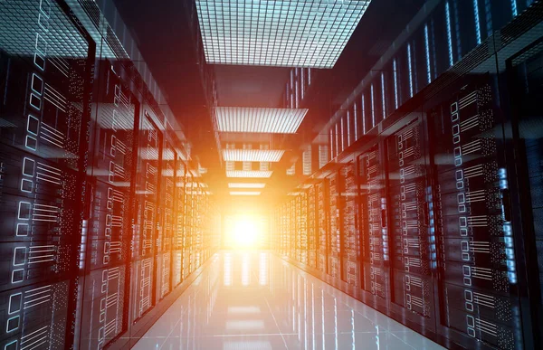 Dark servers data center room with bright halo light through the