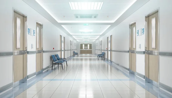 Largo pasillo luminoso hospital con habitaciones y asientos 3D renderizado — Foto de Stock