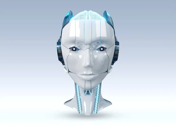 Testa di robot cyborg femmina bianca e blu isolata su dorso grigio — Foto Stock