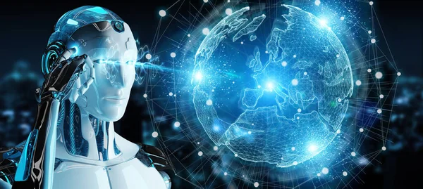 White robot using globe network hologram with Europe map 3D rend — Stock Photo, Image