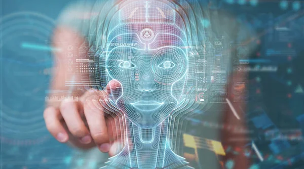 Donna che utilizza l'interfaccia testa intelligenza artificiale digitale 3D re — Foto Stock