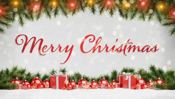Kartka świąteczna pozdrowienia z czerwonymi bombkami prezenty i pi — Zdjęcie stockowe