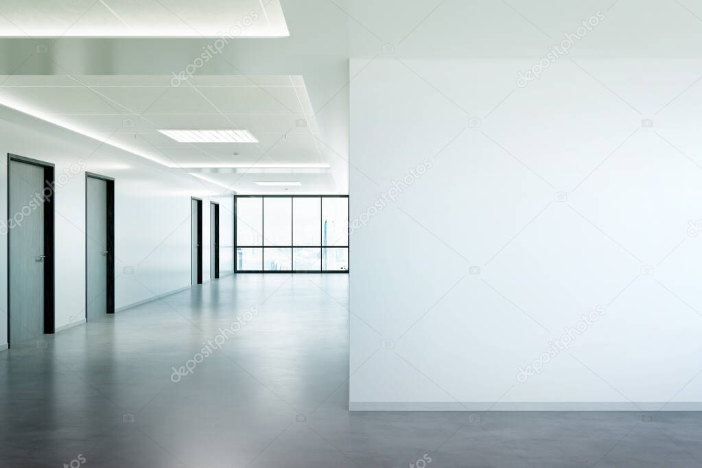 Blank wall in bright office mockup with large windows and sun passing through 3D rendering